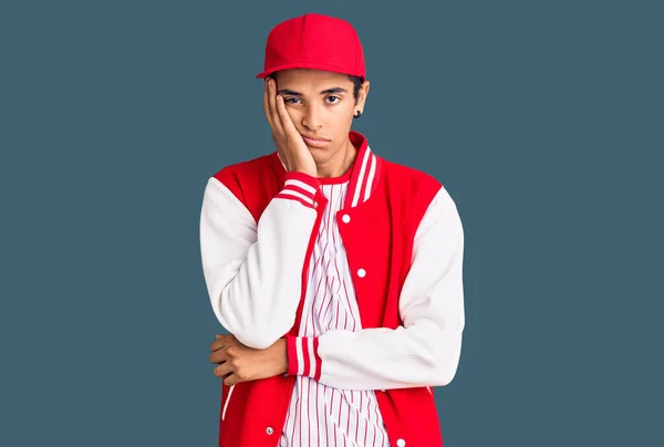 Young African Amercian Man Wearing Baseball Uniform Thinking Looking Tired — Stock Photo, Image