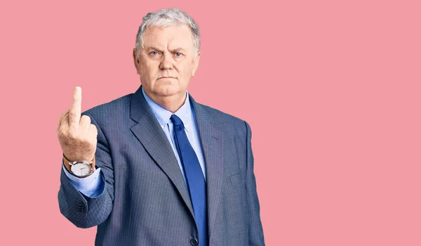 Senior Grey Haired Man Wearing Business Jacket Showing Middle Finger — Fotografia de Stock