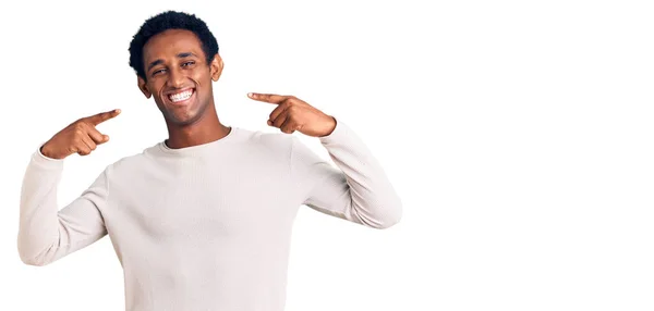 African Handsome Man Wearing Casual Winter Sweater Smiling Cheerful Showing — Stock Photo, Image