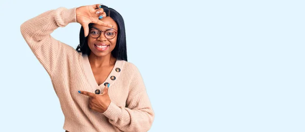 Young African American Woman Wearing Casual Clothes Smiling Making Frame — Stock Photo, Image