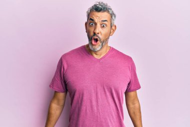 Orta yaşlı, gri saçlı, günlük kıyafetler giyen, ağzı açık, korkmuş ve şaşırmış bir adam. 