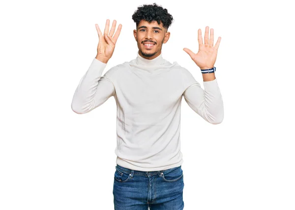 Jovem Árabe Homem Vestindo Casual Inverno Suéter Mostrando Apontando Para — Fotografia de Stock