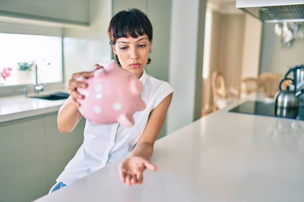 Young Brunette Woman Showing Empty Piggy Bank Sad Face — Stock Photo, Image