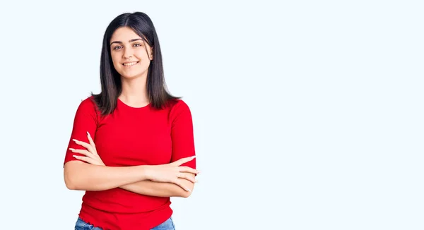 Joven Hermosa Chica Con Camiseta Casual Cara Feliz Sonriendo Con — Foto de Stock