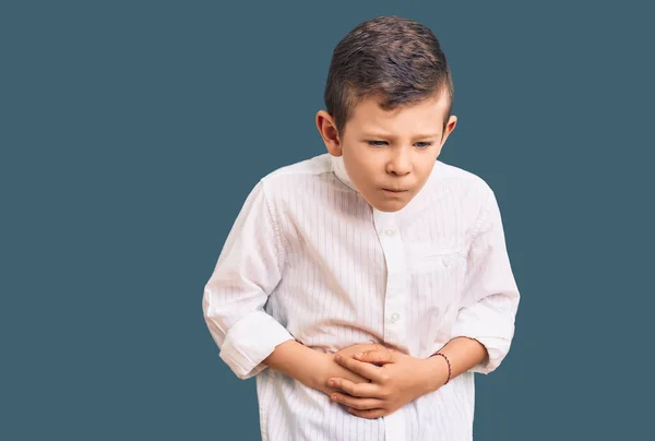 Niño Rubio Lindo Usando Camisa Elegante Con Mano Estómago Porque —  Fotos de Stock