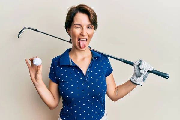 Young Brunette Woman Short Hair Holding Ball Golf Club Sticking — Stock Photo, Image