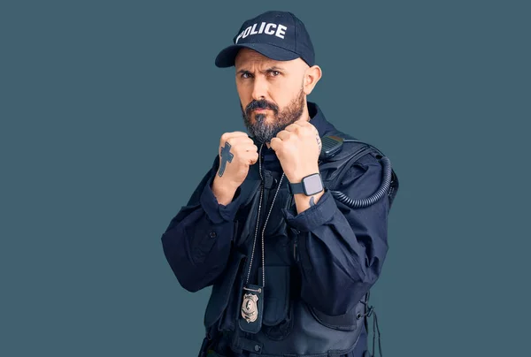 Young Handsome Man Wearing Police Uniform Ready Fight Fist Defense — Stock Photo, Image