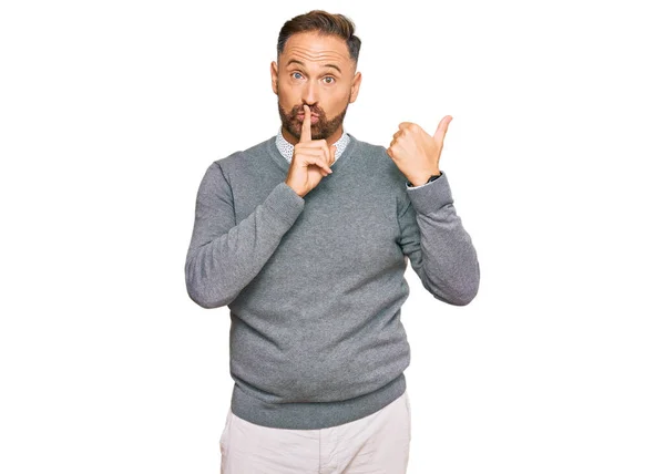 Handsome Middle Age Man Wearing Business Clothes Asking Quiet Finger — Stock Photo, Image