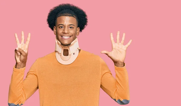 African American Man Afro Hair Wearing Cervical Neck Collar Showing — Stock Photo, Image