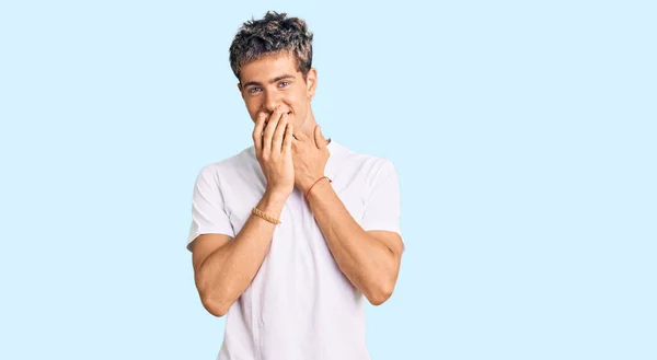 Young Handsome Man Wearing Casual White Tshirt Laughing Embarrassed Giggle — Stock Photo, Image