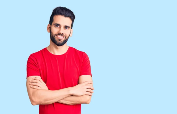 Young Handsome Man Beard Wearing Casual Shirt Happy Face Smiling — Stock Photo, Image