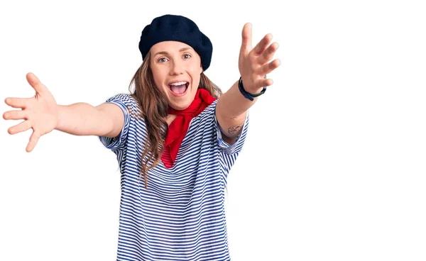 Young Beautiful Blonde Woman Wearing French Beret Striped Shirt Looking — Stock Photo, Image