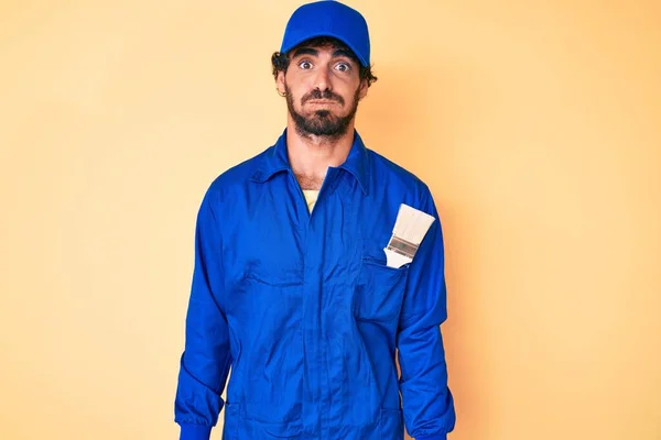 Handsome Young Man Curly Hair Bear Wearing Builder Jumpsuit Uniform — Stock Photo, Image