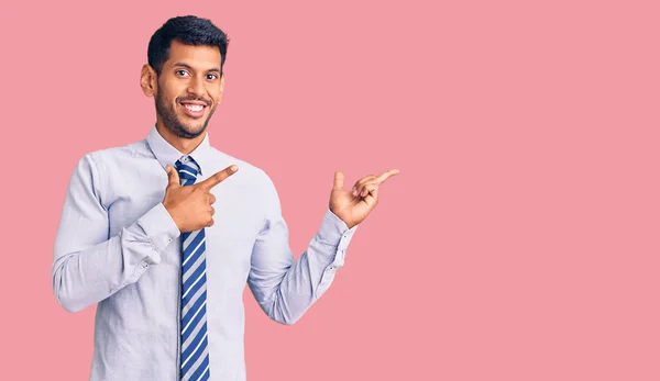 Young Latin Man Wearing Business Clothes Smiling Looking Camera Pointing — Stock Photo, Image