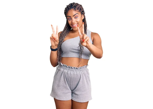 Young African American Woman Braids Wearing Sportswear Smiling Looking Camera — Stock Photo, Image