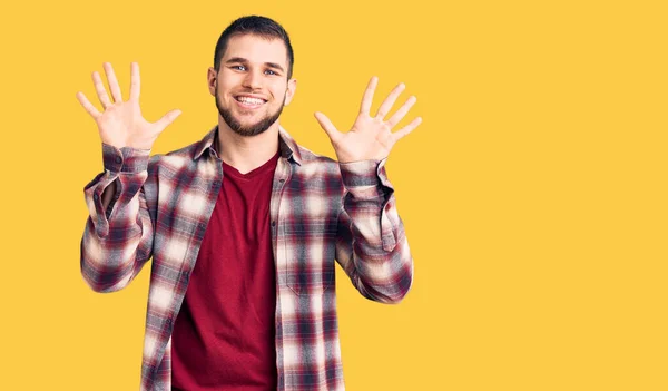 Young Handsome Man Wearing Casual Shirt Showing Pointing Fingers Number — Stock Photo, Image