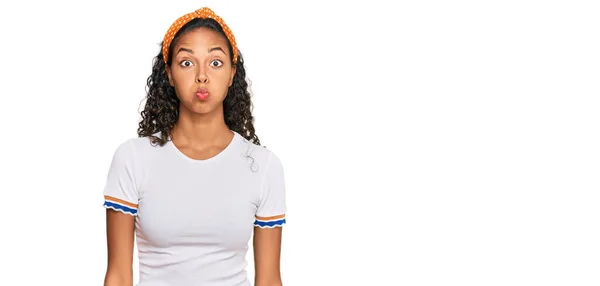 Young African American Girl Wearing Casual Clothes Puffing Cheeks Funny — Stock Photo, Image