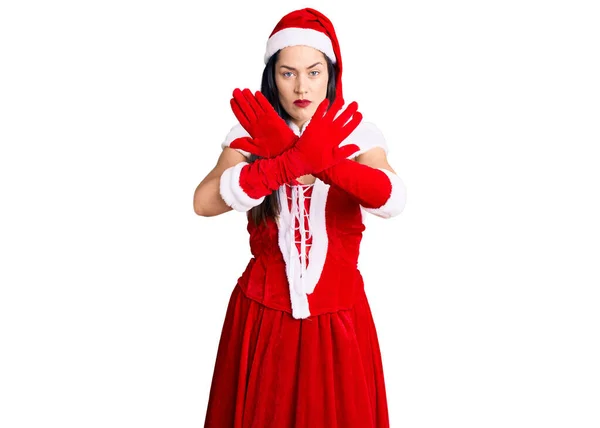 Mladá Krásná Běloška Kostýmu Santa Clause Odmítání Výraz Zkřížené Ruce — Stock fotografie
