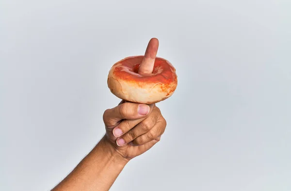 Finger Hispanic Man Holding Donut Isolated White Background — Stock Photo, Image
