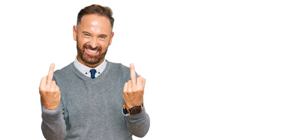 Handsome Middle Age Man Wearing Business Clothes Showing Middle Finger — стоковое фото