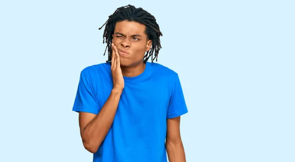 Young African American Man Wearing Casual Clothes Touching Mouth Hand — Stock Photo, Image