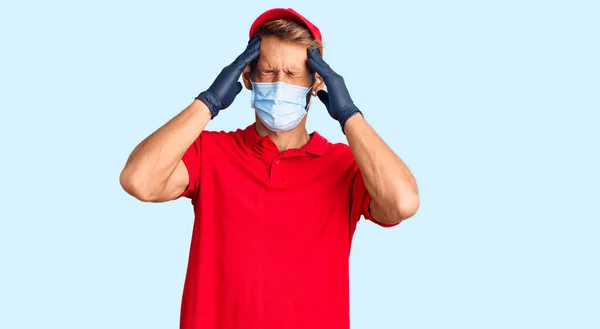 Handsome Blond Man Beard Wearing Delivery Uniform Medical Mask Suffering — Stock Photo, Image