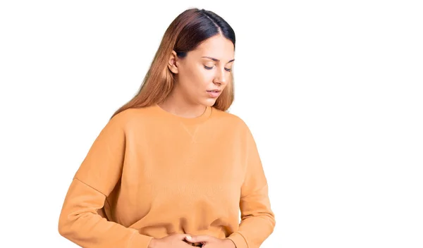 Beautiful Young Woman Wearing Casual Clothes Hand Stomach Because Indigestion — Stock Photo, Image