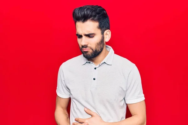 Homem Bonito Jovem Com Barba Vestindo Pólo Casual Com Mão — Fotografia de Stock