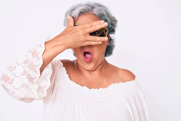 Senior Hispanic Grey Haired Woman Wearing Venetian Carnival Mask Peeking — Stock Photo, Image