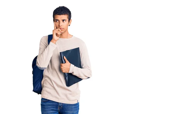 Young African Amercian Man Wearing Student Backpack Holding Binder Serious — Stock Photo, Image