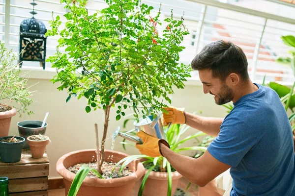 Jonge Knappe Man Lacht Gelukkig Zorgzame Planten Met Behulp Van — Stockfoto