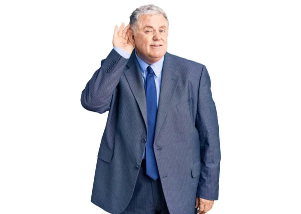 Ein Älterer Grauhaariger Mann Business Jacke Lächelt Mit Der Hand — Stockfoto