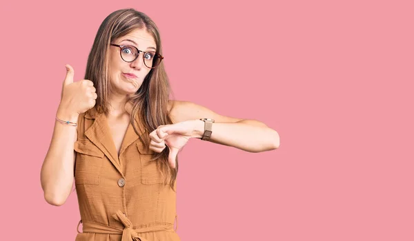 Young Beautiful Blonde Woman Wearing Casual Clothes Glasses Doing Thumbs — Stock Photo, Image
