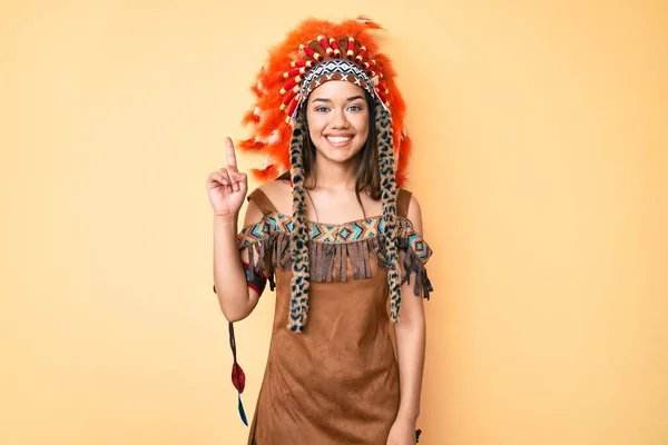 Young Beautiful Latin Girl Wearing Indian Costume Showing Pointing Finger — Stock Photo, Image