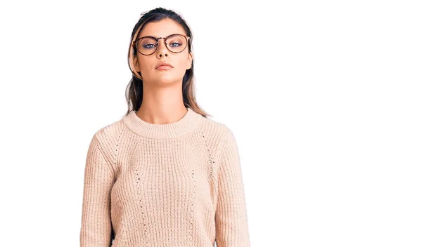 Young Beautiful Woman Wearing Casual Winter Sweater Glasses Serious Expression — Stock Photo, Image