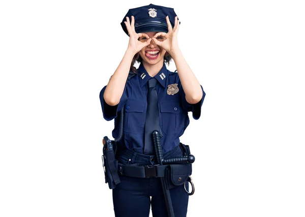 Young Beautiful Girl Wearing Police Uniform Doing Gesture Binoculars Sticking — Stock Photo, Image