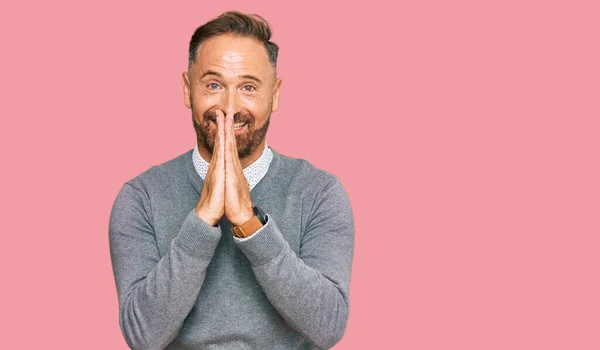 Handsome Middle Age Man Wearing Business Clothes Praying Hands Together — Stock Photo, Image