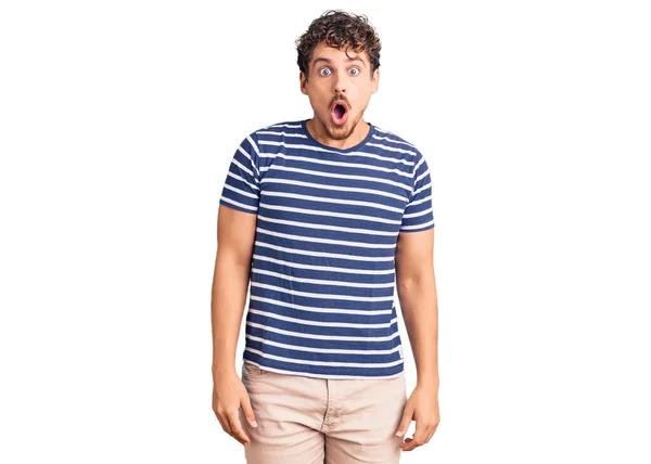 Young Handsome Man Curly Hair Wearing Casual Clothes Afraid Shocked — Stock Photo, Image