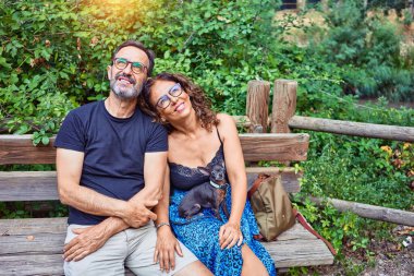 Orta yaşlı çift gökyüzüne bakarken mutlu bir şekilde gülümsüyor. Parkta chihuahua köpeğiyle bankta oturmak.