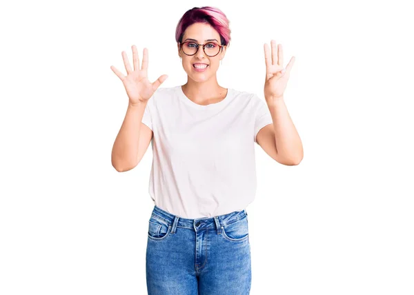 Joven Hermosa Mujer Con Pelo Rosa Con Ropa Casual Gafas —  Fotos de Stock