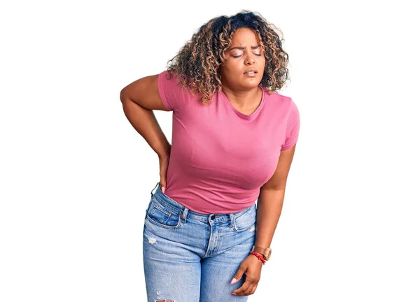 Young African American Size Woman Wearing Casual Clothes Suffering Backache — Stock Photo, Image