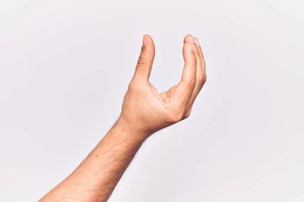 Primer Plano Mano Joven Caucásico Sobre Fondo Aislado Recogiendo Tomando —  Fotos de Stock