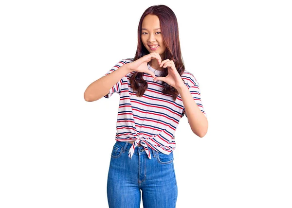 Young Beautiful Chinese Girl Wearing Casual Clothes Smiling Love Showing — Stock Photo, Image