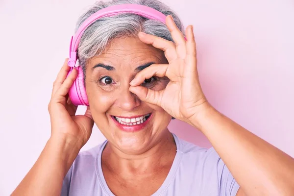 Senior Hispanic Woman Listening Music Using Headphones Smiling Happy Doing — Stock Photo, Image