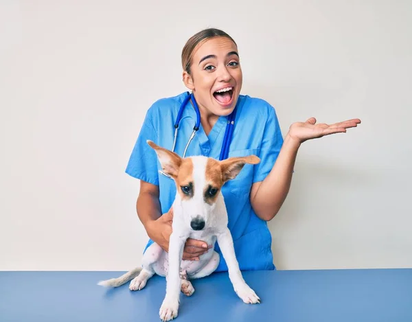 年轻美丽的金发碧眼的兽医女兽医检查狗的健康状况 带着快乐的笑容和高傲的双手庆祝胜利 — 图库照片