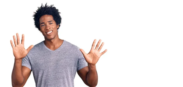 Handsome African American Man Afro Hair Wearing Casual Clothes Showing — Stock Photo, Image