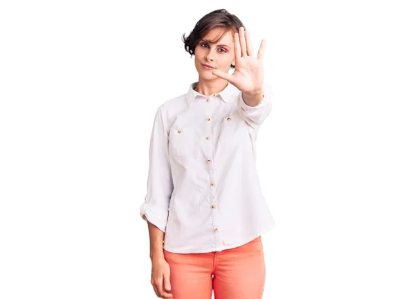 Beautiful Young Woman Short Hair Wearing Elegant White Shirt Doing — Stock Photo, Image