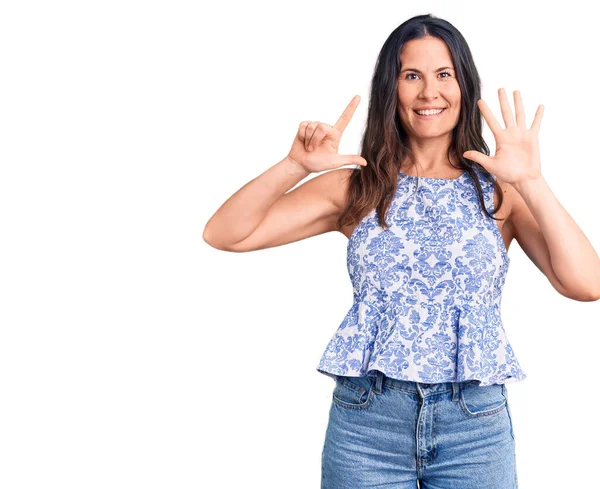 Young Beautiful Brunette Woman Wearing Casual Shirt Showing Pointing Fingers — Stock Photo, Image