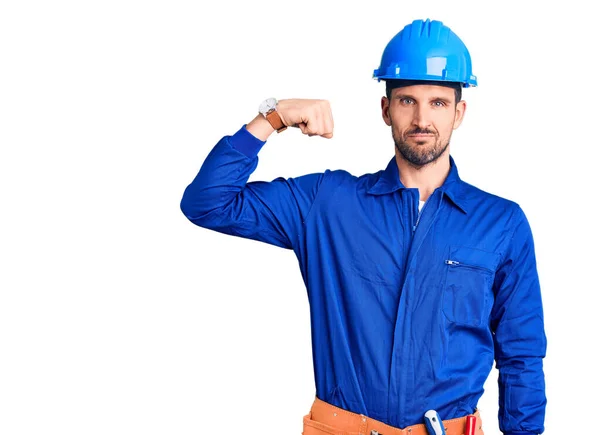 Joven Hombre Guapo Con Uniforme Trabajador Boca Los Labios Hardhat —  Fotos de Stock