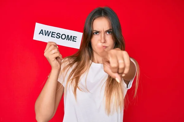 Beautiful Caucasian Woman Holding Awesome Banner Pointing Finger Camera You — Stock Photo, Image